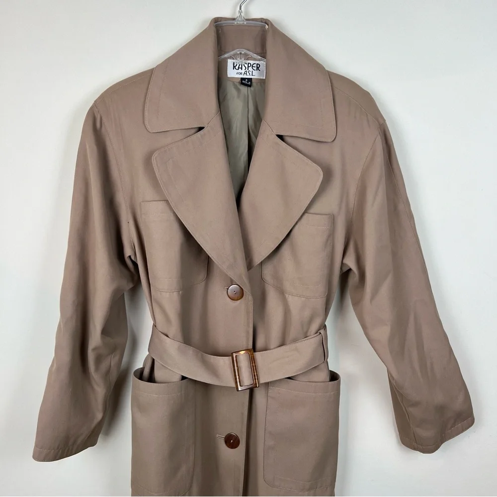 Vintage Khaki Trench Coat 4 Oversized Long Belted Pocket Preppy Old Money Career - Picture 2 of 11